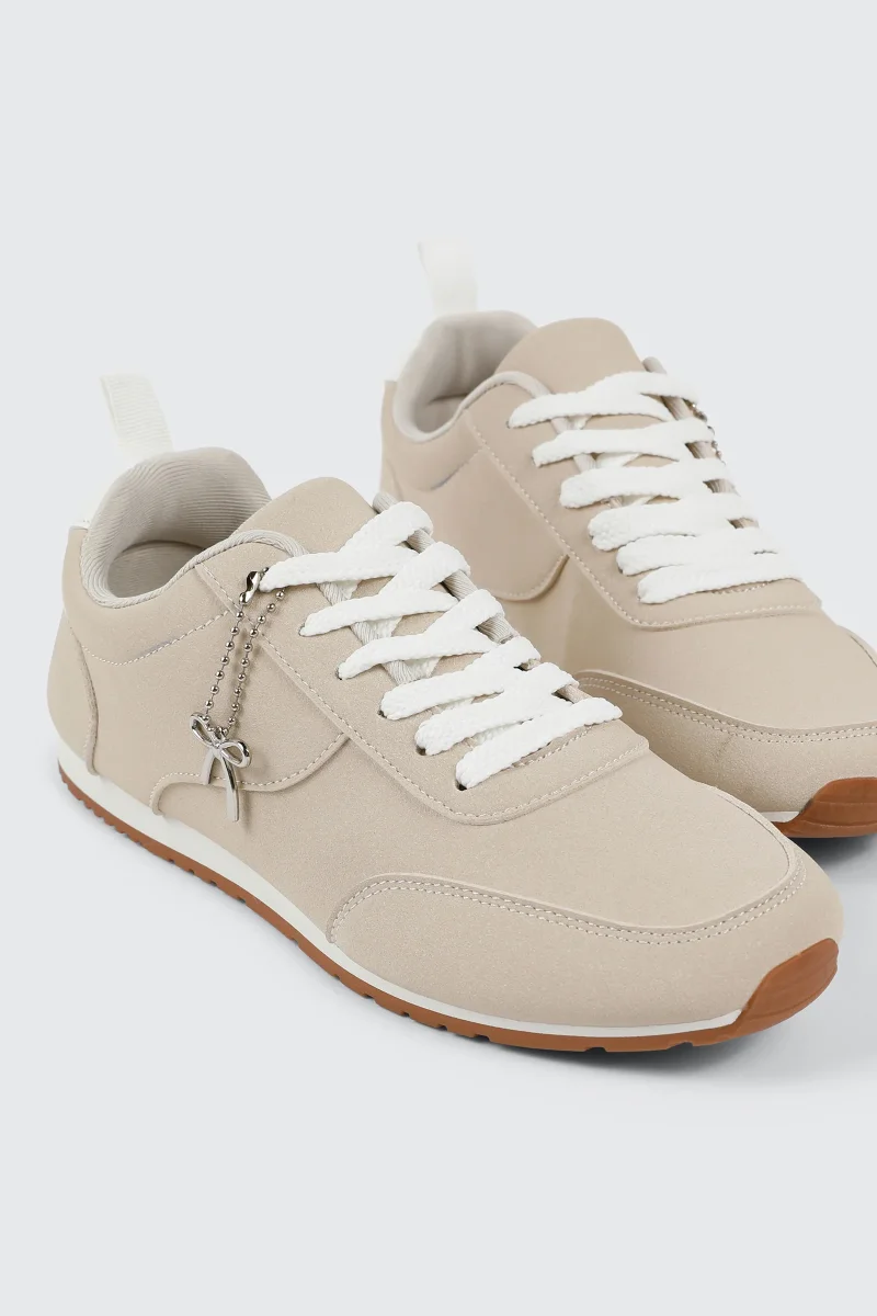 Faux Suede Lace Up Sneakers with Charm - Image 3