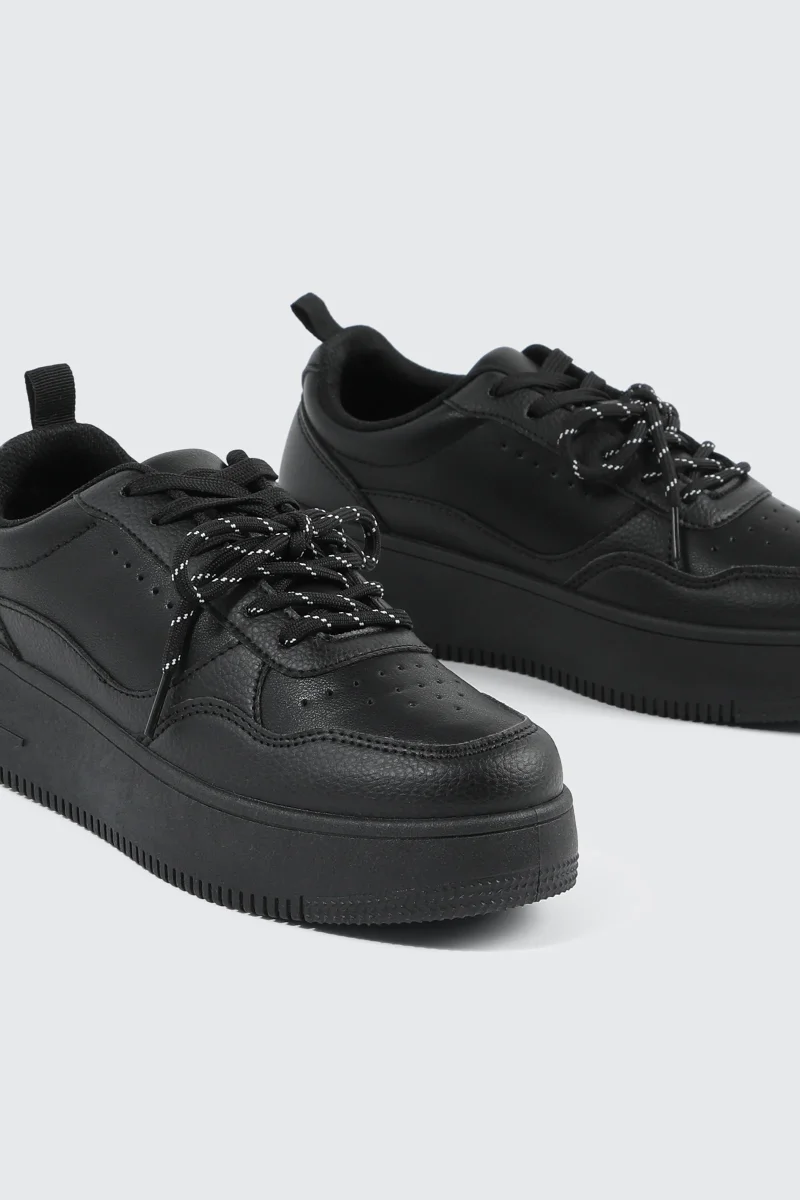 Thick Sole Court Sneakers with Double Lace Detail - Image 3